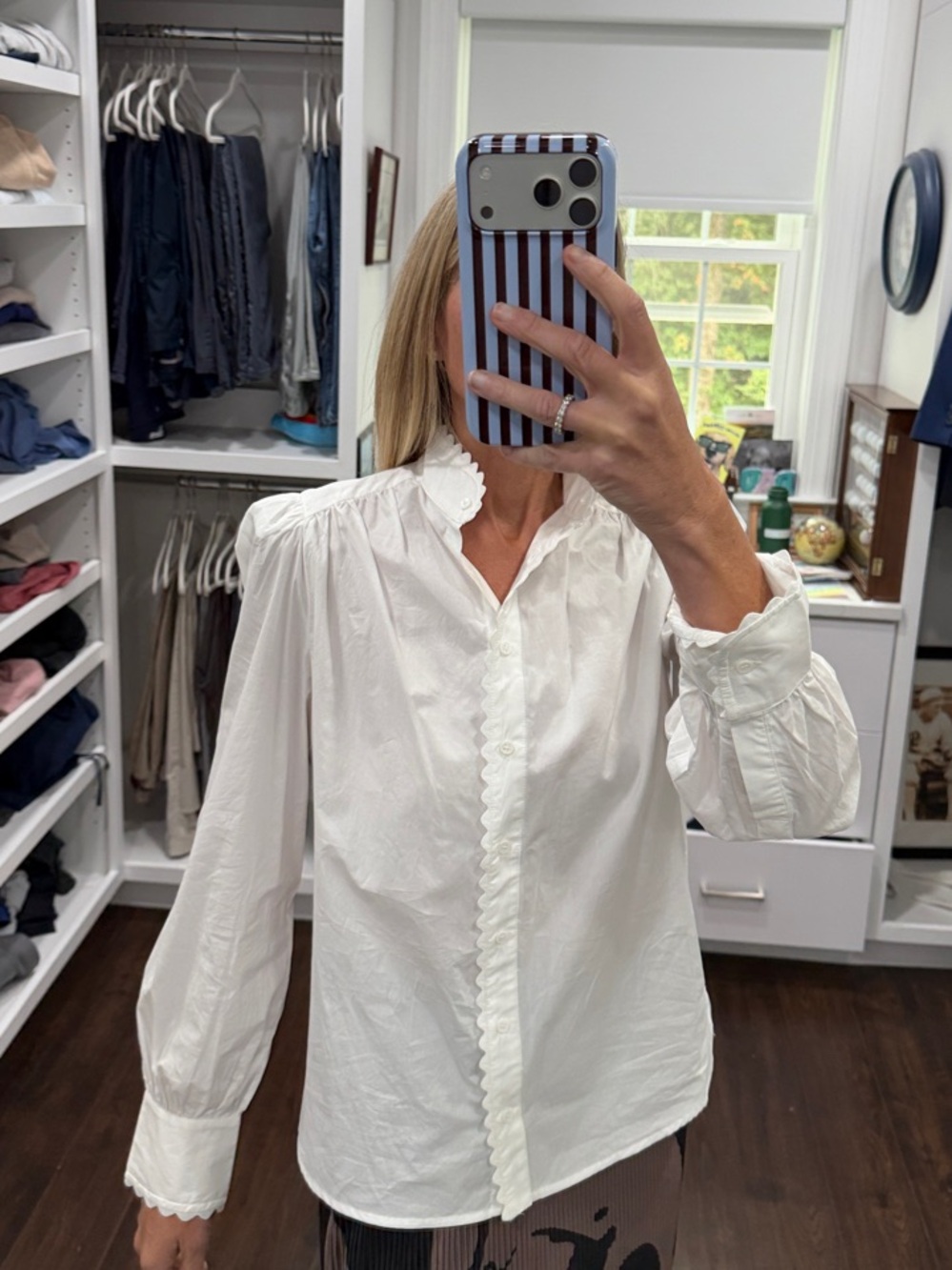 English Factory White Ruffle-Trim Button Front Blouse